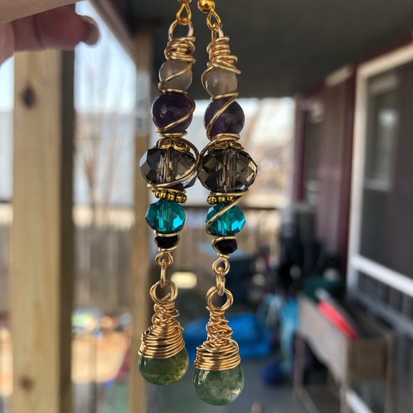 Handmade Celtic Moonstone Amethyst Gemstone Beaded Dangle Earrings - Picture 5 of 12